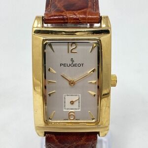 Peugeot Tank Watch Men Gold Tone 25mm Small Seconds Brown Leather New Battery 9"